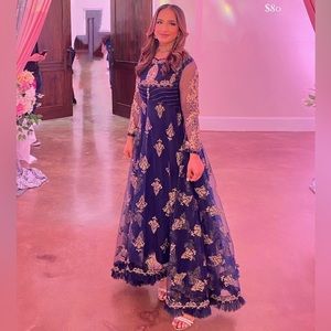 Zahra Rubab blue and gold dress